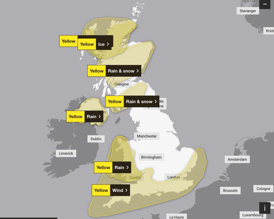 The Met Office weather warnings in place across the UK (Met Office)