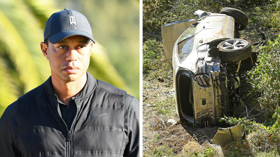 Tiger Woods (pictured left) during a golf tournament and (pictured right) his car after crashing in LA.