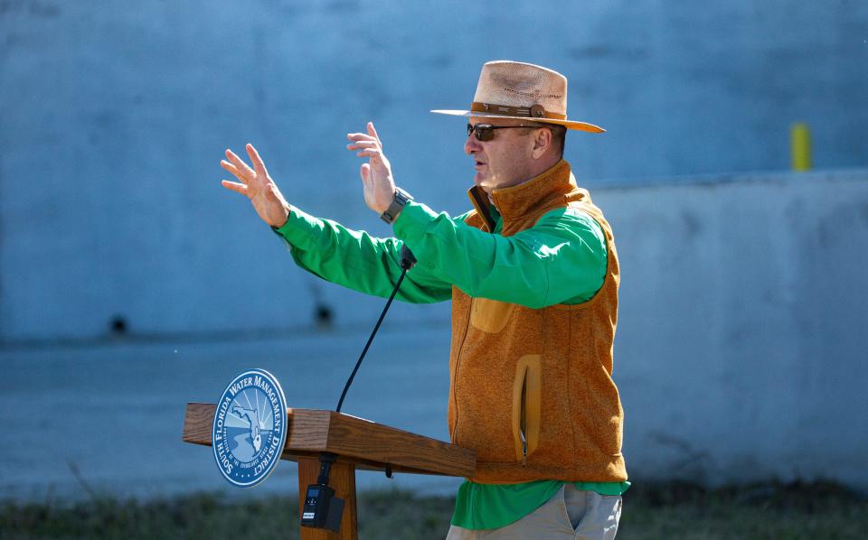 Karson Turner, a member of the Hendry County Board of County Commissioners speaks at a ribbon cutting ceremony for the huge pump station of the C-43 reservoir in Hendry County on Tuesday, Dec. 19, 2023.