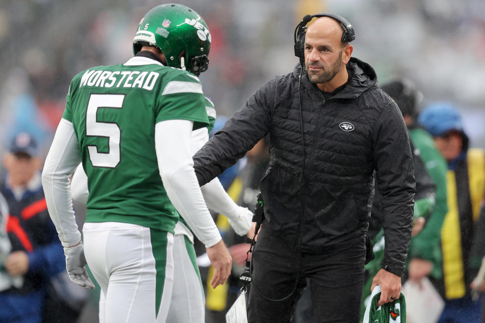 Dec 3, 2023; East Rutherford, New Jersey, USA; New York Jets head coach Robert Saleh greets punter Thomas Morstead (5) as he returns to the sideline after a punt against the <a class="link " href="https://sports.yahoo.com/nfl/teams/atlanta/" data-i13n="sec:content-canvas;subsec:anchor_text;elm:context_link" data-ylk="slk:Atlanta Falcons;sec:content-canvas;subsec:anchor_text;elm:context_link;itc:0">Atlanta Falcons</a> during the first quarter at MetLife Stadium. Mandatory Credit: Brad Penner-USA TODAY Sports