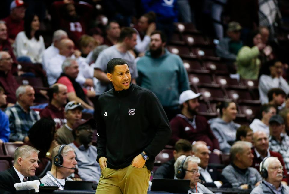 Missouri State Bears Head Coach Dana Ford as the Bears took on the Indiana State Sycamores at Great Southern Bank Arena on Saturday, Feb. 10, 2024.