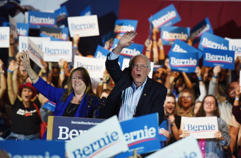 U.S. Democratic presidential candidate Senator Bernie Sanders celebrates after being declared the winner of the Nevada Caucus as he holds a campaign rally in San Antonio, Texas, U.S.