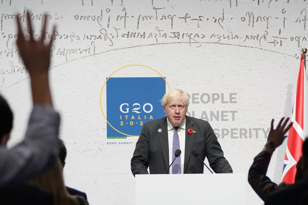 Prime Minister Boris Johnson speaks during the closing press conference at the G20 summit in Rome, Italy (Stefan Rousseau/PA) (PA Wire)