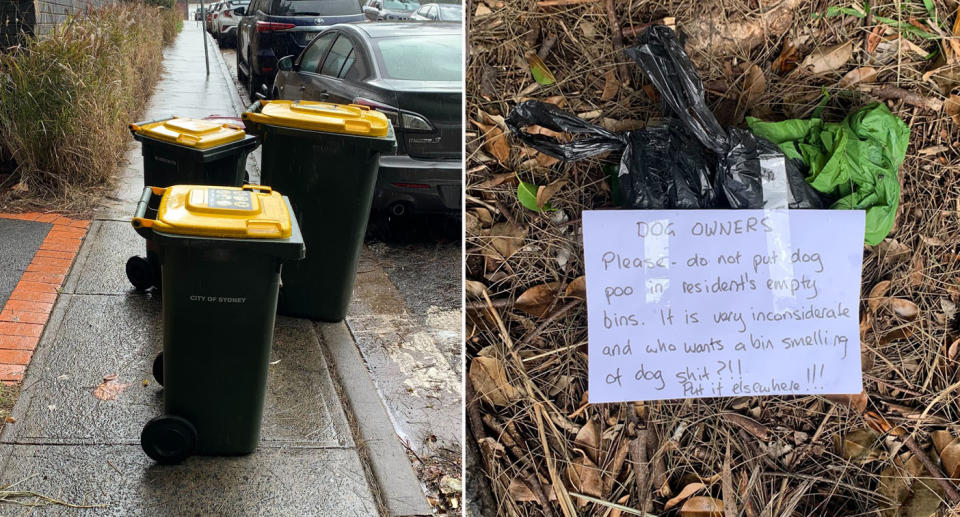 Resident leaves a hand-written note on dog poo bag taken from bin