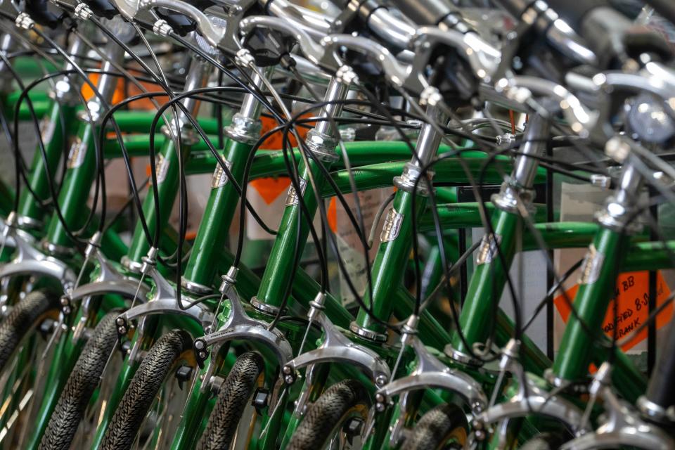 Completed bicycles are shown in Detroit at Detroit Bikes.