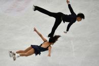 China's Sui Wenjing and Han Cong perform during the pairs short program of the ISU World Figure Skating Championships 2017 on March 29, 2017 in Helsinki