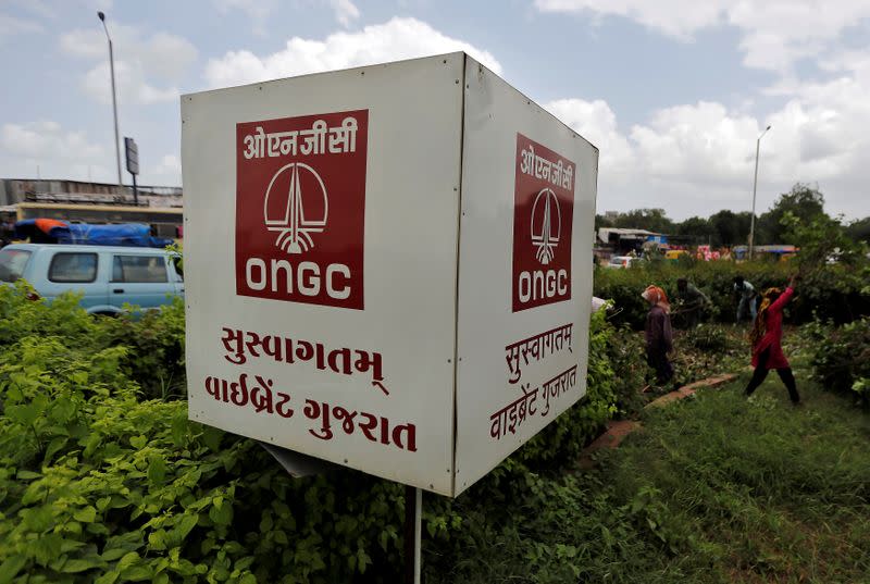 The logo of Oil and Natural Gas Corp's (ONGC) is pictured along a roadside in Ahmedabad