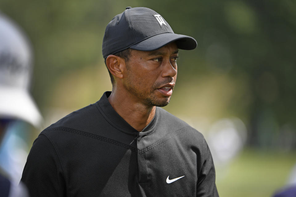 Tiger Woods leaves the 18th green during the third round of the BMW Championship at Olympia Fields Country Club (North) on August 29, 2020 in Olympia Fields, IL. (Photo by Tracy Wilcox/PGA TOUR via Getty Images)