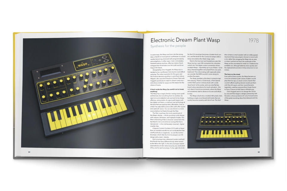 A spread from the book "Synth Gems 1" that looks at vintage synthesizers from the last three decades of the 20th century.