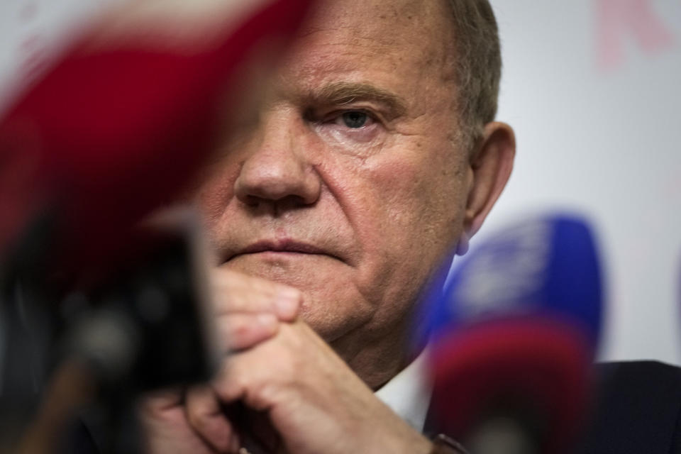 Russian Communist Party leader Gennady Zyuganov attends a news conference during the Parliamentary elections in Moscow, Russia, Sunday, Sept. 19, 2021. From the Baltic Sea to the Pacific Ocean, Russians across eleven time zones voted Sunday on the third and final day of a national election for a new parliament, a ballot in which the pro-Kremlin ruling party is largely expected to retain its majority after months of relentless crackdown on the opposition. (AP Photo/Pavel Golovkin)