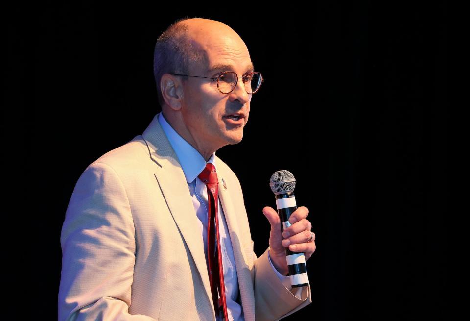 Paul Edwards, executive director at BYU’s Wheatley Institute, introduces Elder Ahmad S. Corbitt, General Authority Seventy of The Church of Jesus Christ of Latter-day Saints, before Elder Corbitt speaks at the Braver Angels National Convention at Gettysburg College in Gettysburg, Pa., on Thursday, July 6, 2023. | Kristin Murphy, Deseret News