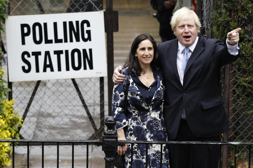 London Mayor Boris Johnson poses with his wife Marina Wheeler (L) after casting his vote in Islington, London May 3, 2012. REUTERS/Stefan Wermuth (BRITAIN - Tags: POLITICS ELECTIONS)