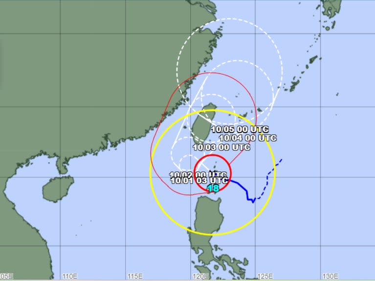 Map shows expected trajectory of Typhoon Krathon as it moves west-northwest and is projected to make landfall in southern Taiwan (Japan Meteorological Agency,)