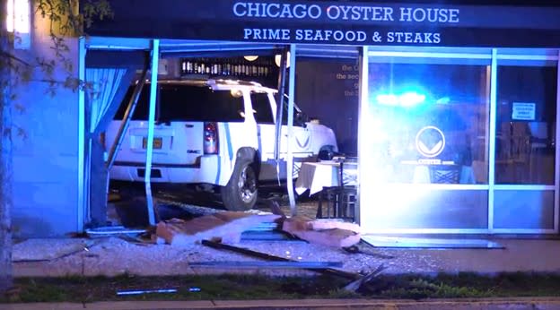 Photo captured near East Cullerton Street and South Indiana Avenue, in the South Loop, show the damage left behind after a crash crashed into the Chicago Oyster House.