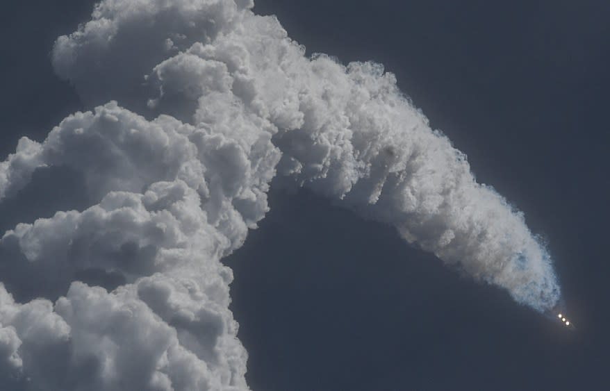 A United Launch Alliance Delta IV heavy rocket carrying classified spy satellite cargo for the U.S. National Reconnaissance Office lifts off from Space Launch Complex 37B at the Cape Canaveral Space Force Station, Tuesday, April 9, 2024, in Cape Canaveral, Fla.