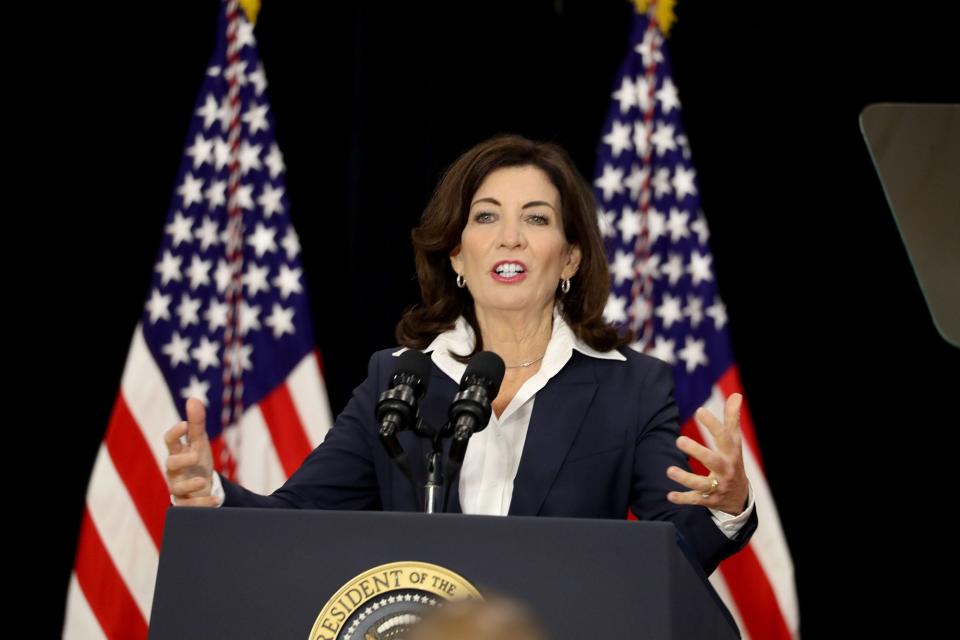 New York State Governor Kathy Hochul speaks before President Joe Biden at the Delavan Grider Community Center in Buffalo, N.Y. May 17, 2022. Biden visited Buffalo to visit the site of last Saturday's mass shooting and to meet with family members of the victims. 