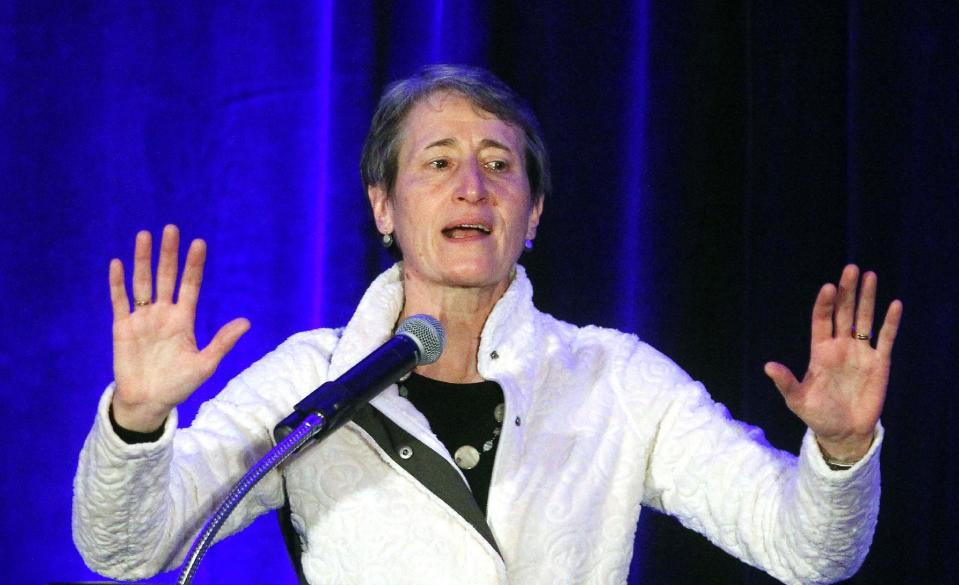 Secretary of the Interior Sally Jewell speaks to members of the Outdoor Industry Association at a trade show for outdoor gear makers Wednesday, Jan. 22, 2014, in Salt Lake City. Jewell made a pitch Wednesday for a privately funded youth conservation corps and sought donations for the effort from executives at an outdoor-gear trade show. (AP Photo/Rick Bowmer)