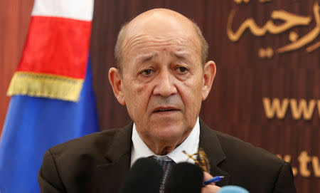 French Foreign Affairs Minister Jean-Yves Le Drian speaks during a news conference with his Tunisian counterpart Khemaies Jhinaoui in Tunis, Tunisia October 22, 2018. REUTERS/Zoubeir Souissi
