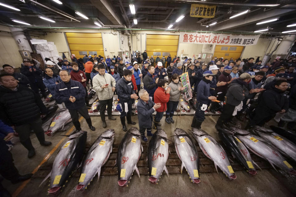 FILE - Wholesalers perform a ritual hand-clapping for the first auction of fresh tuna fish of the year at the Tsukiji fish market in Tokyo, Jan. 5, 2018. The site of Tokyo’s famed Tsukiji fish market, left empty after it was razed six years ago, will be replaced by a scenic waterfront stadium and glistening skyscrapers according to plans for its redevelopment that are facing some staunch opposition. (AP Photo/Eugene Hoshiko, File)