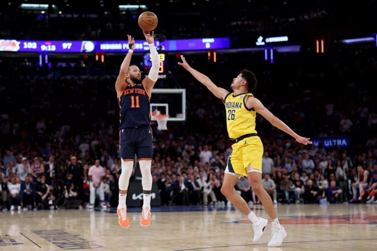 Jalen Brunson lors du match N.2 de la série de playoffs NBA entre ses Knicks et les Pacers de l'Indiana, le 9 mai 2024 à New York. (ELSA)