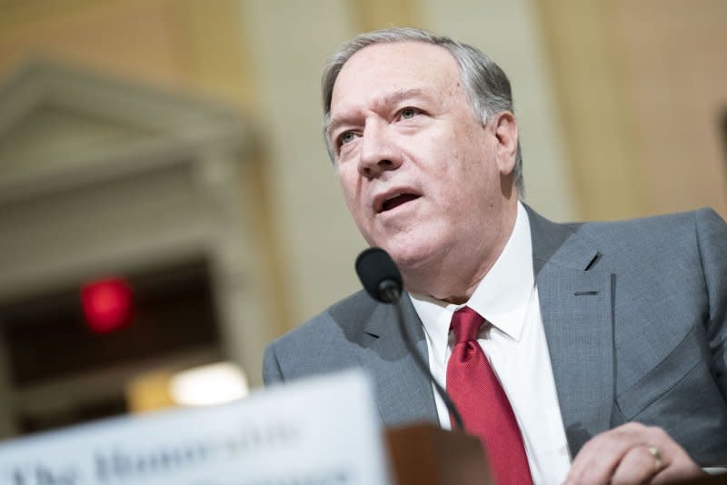 Former U.S. Secretary of State Mike Pompeo testifies during a House Select Committee on the Chinese Communist Party hearing at the U.S. Capitol in Washington on Tuesday. Photo by Bonnie Cash/UPI