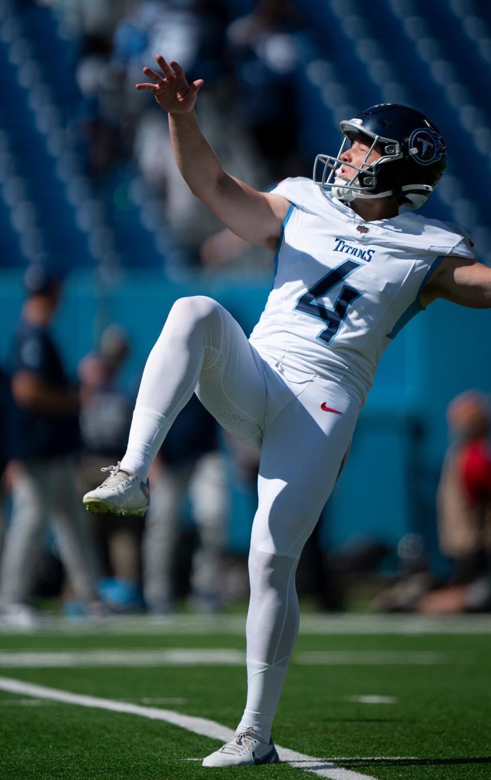 Tennessee Titans punter Ryan Stonehouse (4) warmsd before their game against the New York Jets at Nissan Stadium in Nashville, Tenn., Sunday, Sept. 15, 2024.