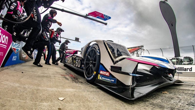 Pit stop practice during morning warm up for the #60 Acura GTP of Colin Braun and Tom Blomqvist before the Sahlens Six Hours at the Glen, IMSA WeatherTech Series Race, Watkins Glen International Raceway, Watkins Glen, NY, June 25, 2023. 