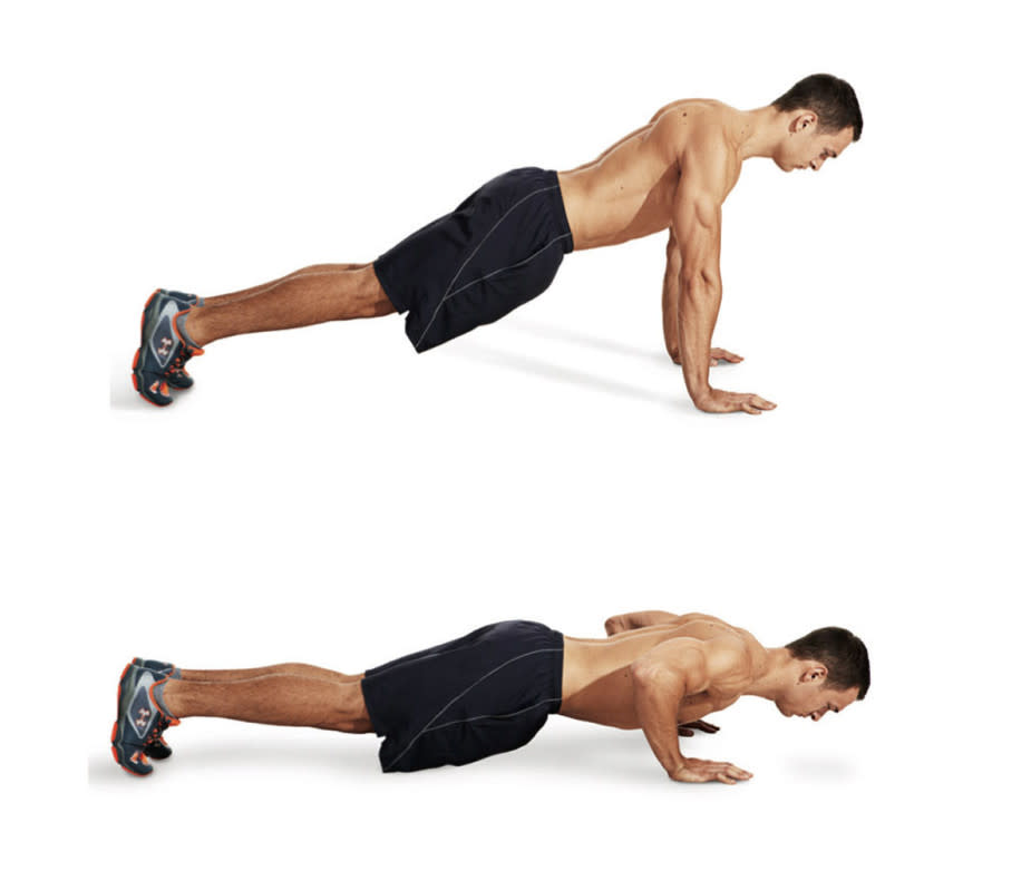 How to do it:<ol><li>Get into a pushup position with hands under your shoulders.</li><li>Your entire body should be straight and your core braced.</li><li>Lower your body, keeping your elbows tucked near your torso and your head neutral, until your chest is almost touching the floor.</li><li>Fire your chest and triceps and raise your body back to the pushup position.</li></ol>