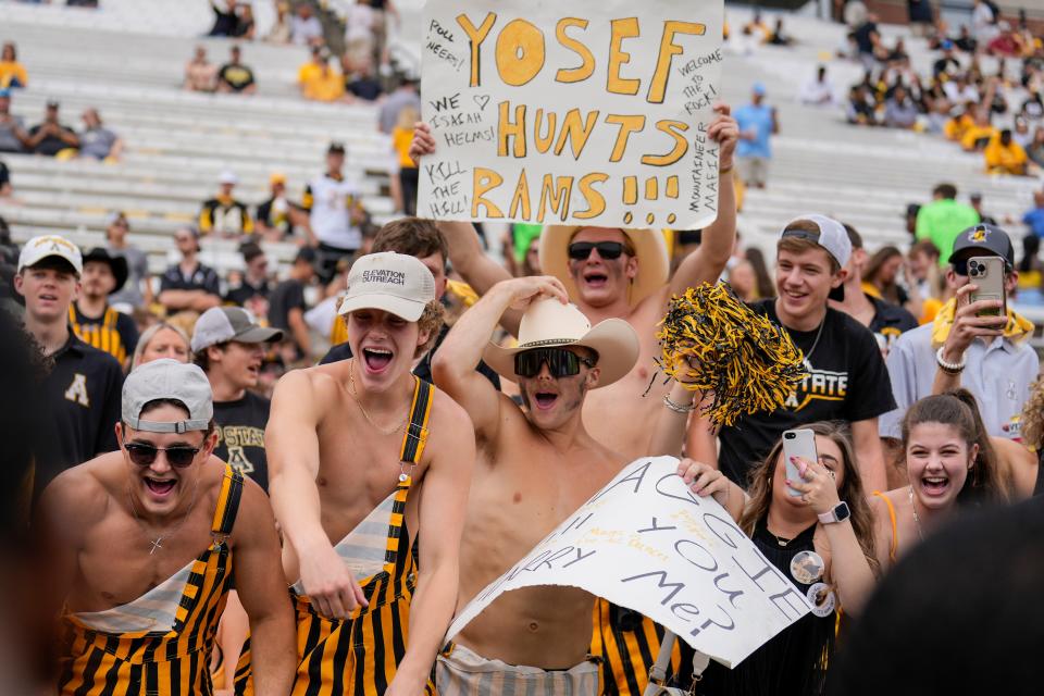 Sep 3, 2022; Boone, North Carolina, USA; Appalachian State Mountaineers fans show their spirit before the game against the North Carolina Tar Heels at Kidd Brewer Stadium. Mandatory Credit: Jim Dedmon-USA TODAY Sports