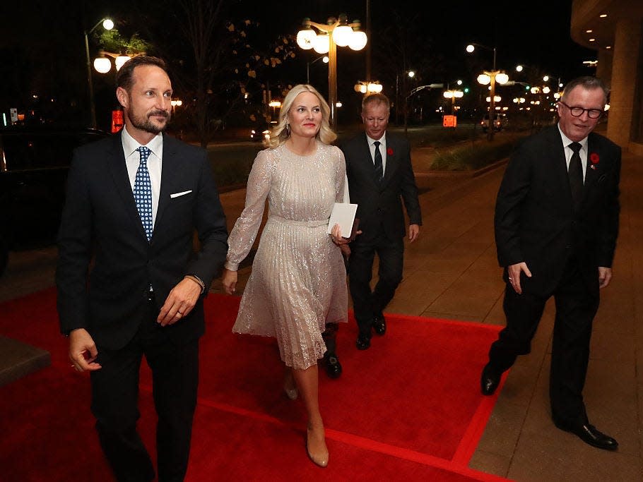 Crown Princess Mette-Marit of Norway wearing a white sparkly dress