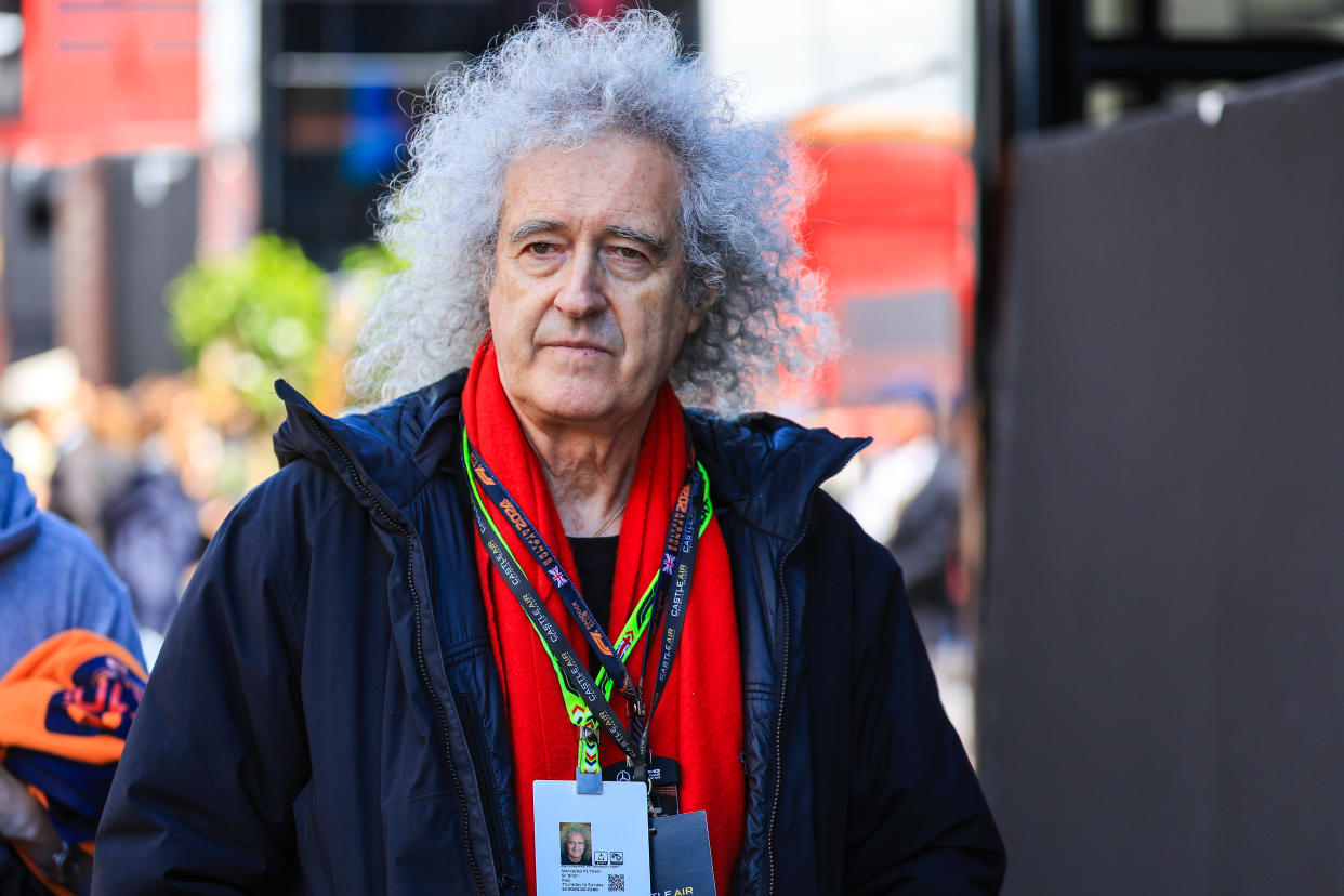 NORTHAMPTON, ENGLAND - JULY 7: Sir Brian May arrives in the paddock during the F1 Grand Prix of Great Britain at Silverstone Circuit on July 7, 2024 in Northampton, United Kingdom. (Photo by Kym Illman/Getty Images)