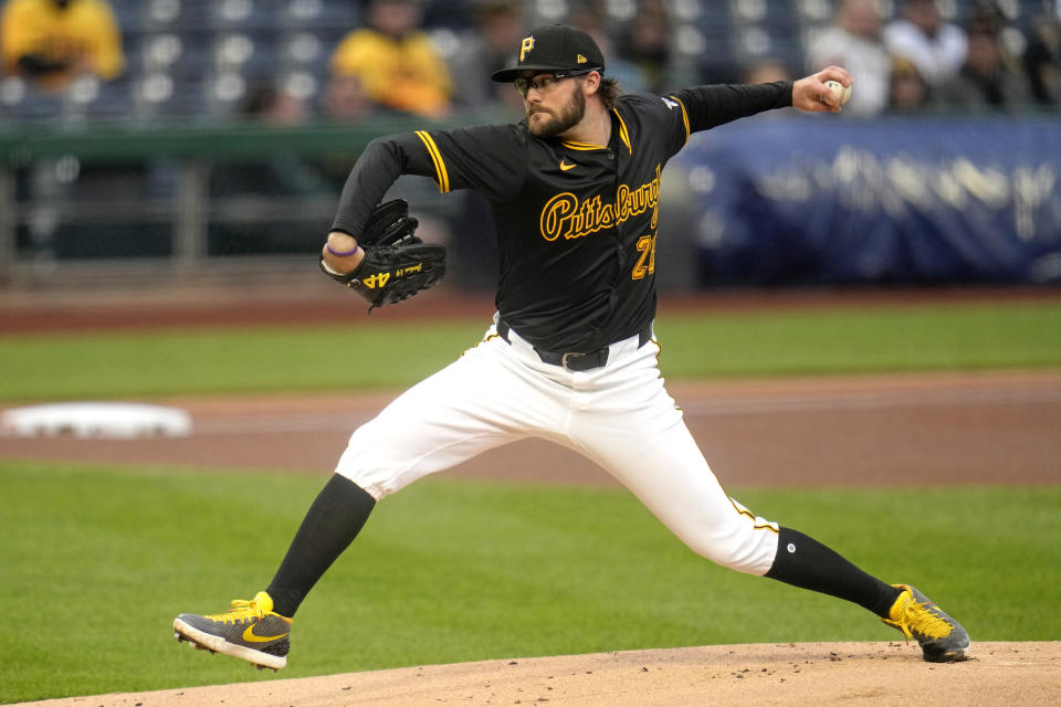 Pittsburgh Pirates starting pitcher Josh Fleming delivers during the first inning of a baseball game against the Milwaukee Brewers in Pittsburgh, Wednesday, April 24, 2024. (AP Photo/Gene J. Puskar)