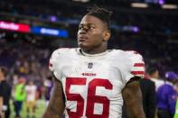 FILE PHOTO: Aug 27, 2017; Minneapolis, MN, USA; San Francisco 49ers linebacker Reuben Foster (56) looks on following the game against the Minnesota Vikings at U.S. Bank Stadium. Mandatory Credit: Brace Hemmelgarn-USA TODAY Sports