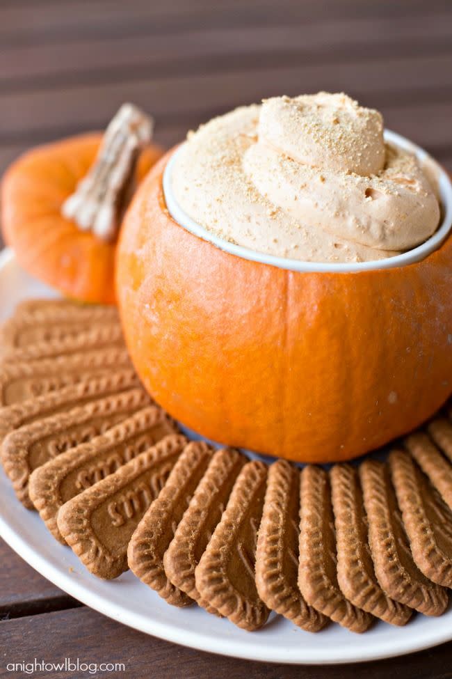 <p>Serve creamy cheesecake-pudding inside a pumpkin and you have an effortless festive dip.</p><p>Get the <a href="http://www.anightowlblog.com/2015/11/pumpkin-pie-cheesecake-dip.html/" rel="nofollow noopener" target="_blank" data-ylk="slk:Pumpkin Pie Cheesecake Dip recipe;elm:context_link;itc:0;sec:content-canvas" class="link "><strong>Pumpkin Pie Cheesecake Dip recipe</strong></a> from A Night Owl. </p>