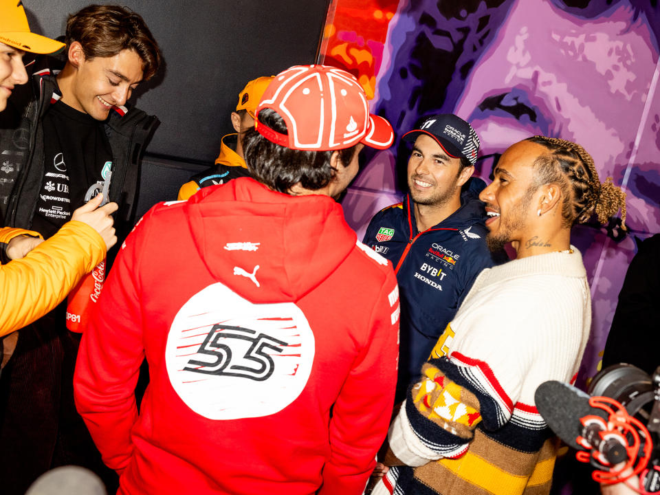 Drivers Sergio Perez and Lewis Hamilton before the driver’s parade before the Formula 1 Grand Prix on November 18, 2023 in Las Vegas, Nevada.