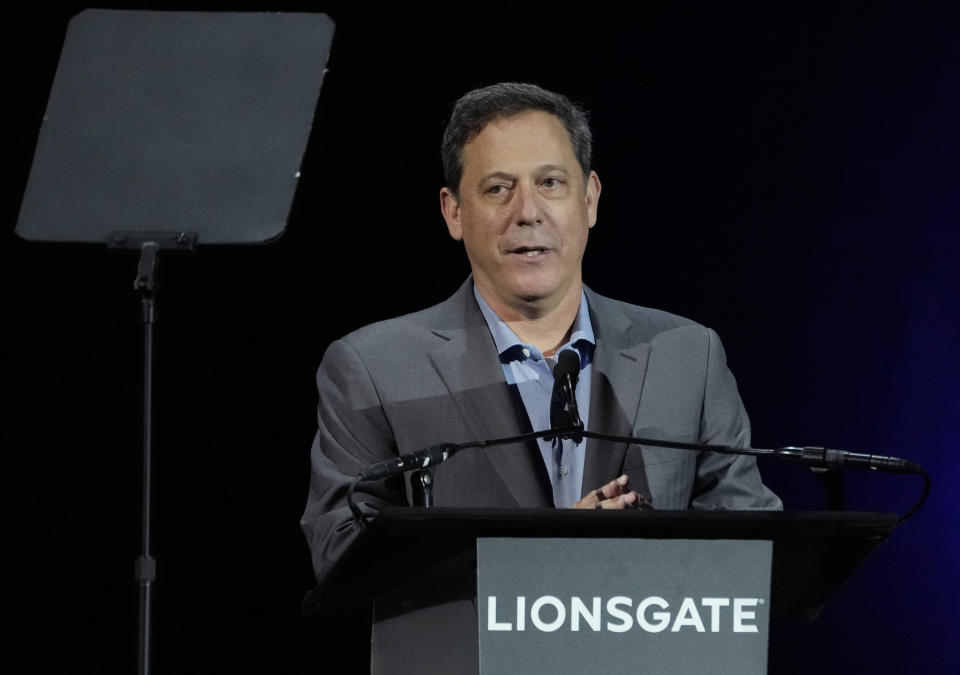 Adam Fogelson, chair of the Lionsgate Motion Picture Group, addresses the audience during the Lionsgate presentation at CinemaCon 2024, Wednesday, April 10, 2024, at Caesars Palace in Las Vegas. (AP Photo/Chris Pizzello)