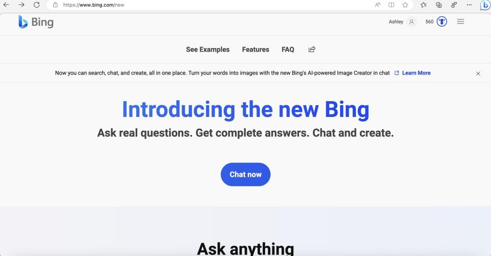 Microsoft's new AI-powered Bing's homepage accessed on Microsoft Edge