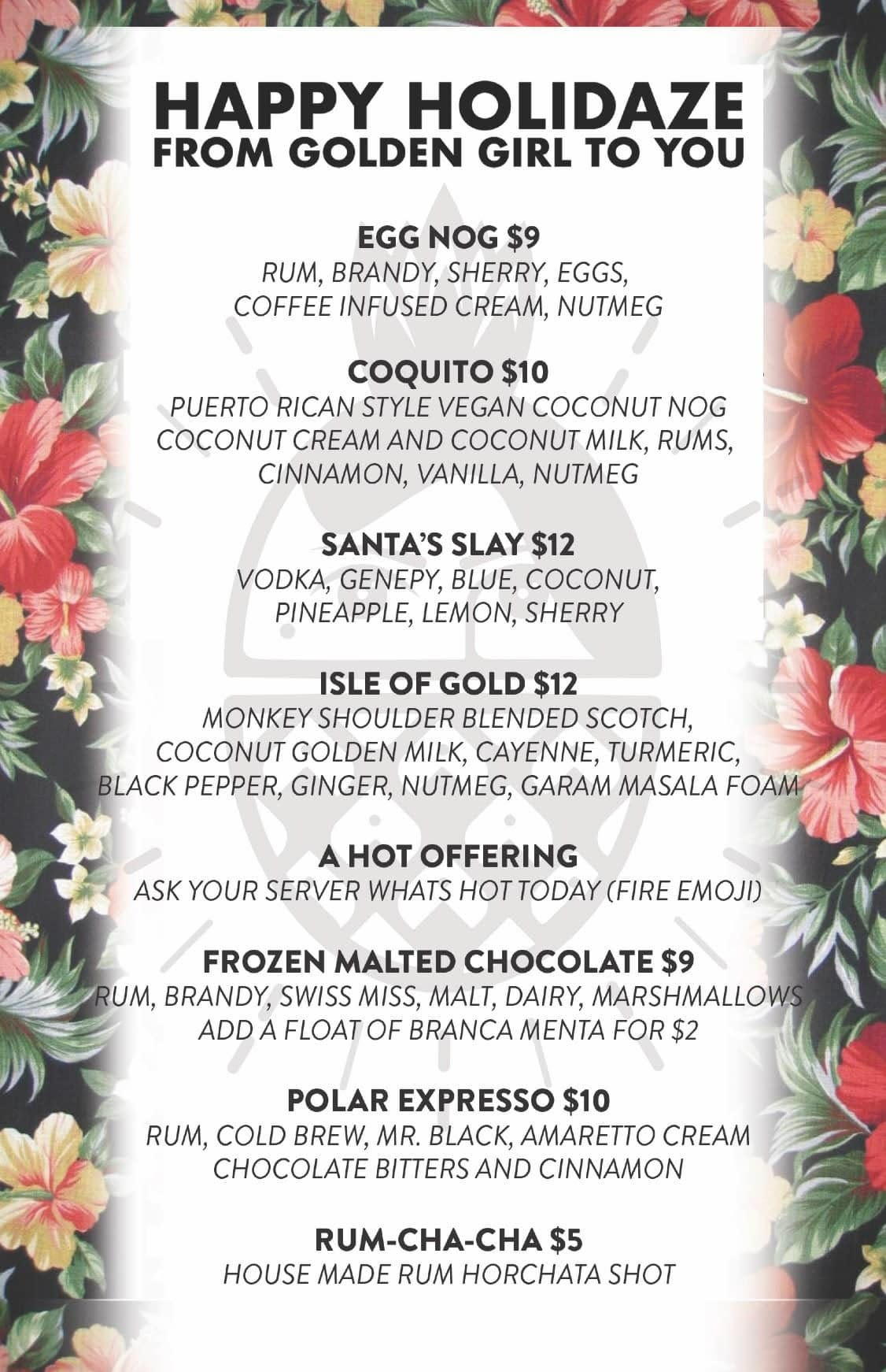 The Golden Girl Rum Club's 2023 Happy Holidaze menu features six holiday-themed cocktails and one holiday-themed shot.