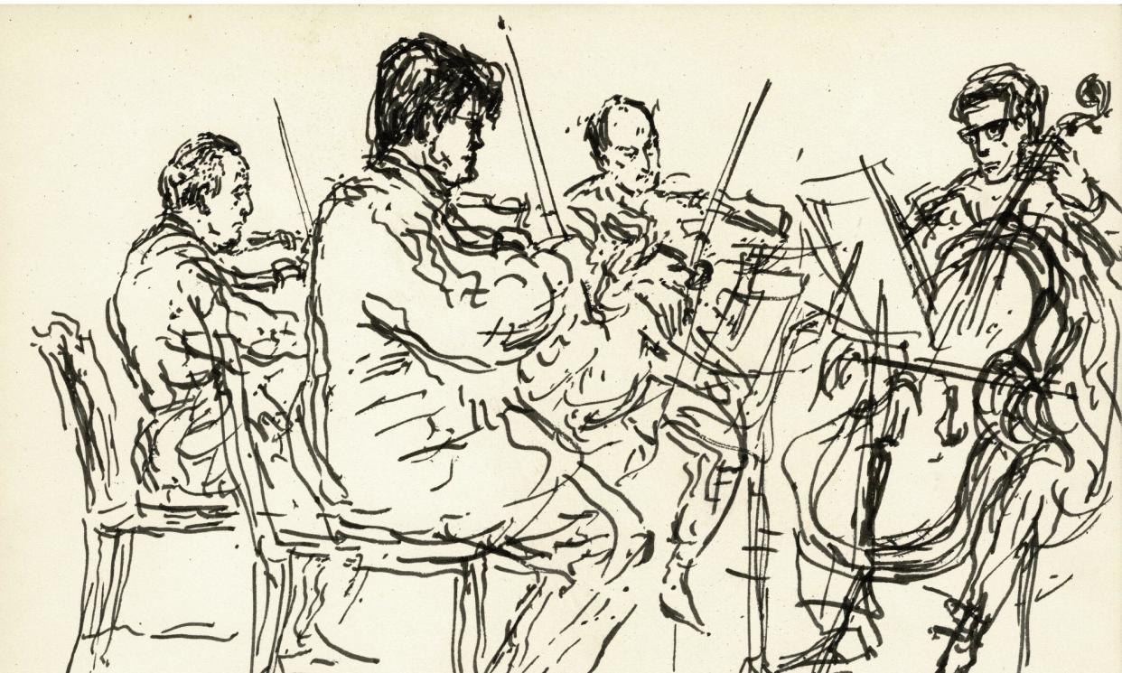 <span>A detail from a sketch of the Amadeus Quartet, founded in 1947. Three of its members were driven out of Vienna after Hitler’s Anschluss of 1938.</span><span>Photograph: Milein Cosman/Insider/Outsider Festival</span>