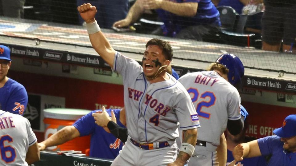 Jul 5, 2023; Phoenix, Arizona, USA; New York Mets catcher Francisco Alvarez celebrates with teammates after taking the lead in the ninth inning against the Arizona Diamondbacks at Chase Field.