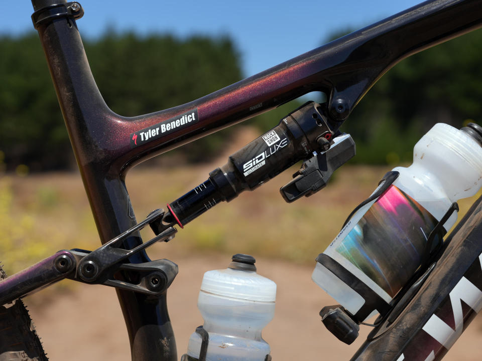 closeup details of 2024 specialized epic 8 s-works rear shock and linkage