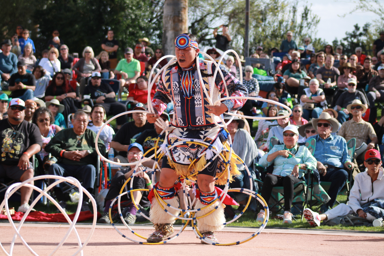  Scott Sixkiller Sinquah in the Heard Museum's 33rd Annual World Hoop Dance Competition in Phoenix, Arizona, where he won first place in the adult division on Sunday, February 19, 2023. Photo by Darren Thompson