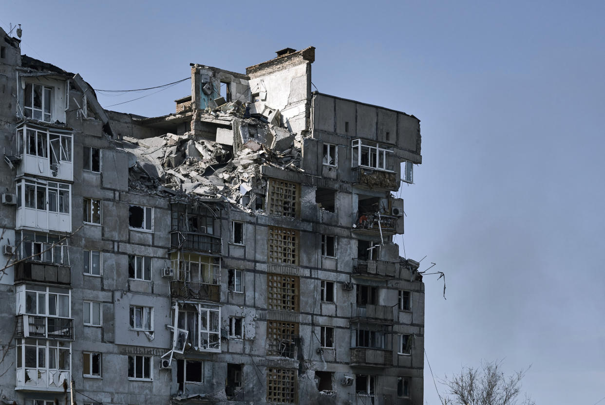 A general view of Bakhmut, the site of heavy battles with Russian troops in the Donetsk region, Ukraine, Sunday, April 9, 2023. (AP Photo/Libkos)