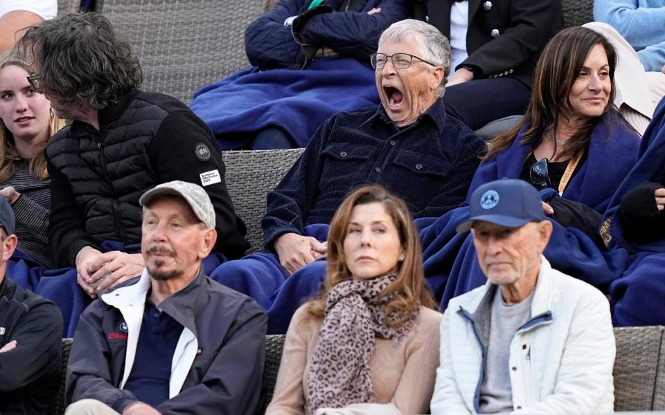 Bill Gates, top centre, and Larry Ellison, bottom left, watch Carlos Alcaraz against Alexander Zverev at Indian Wells