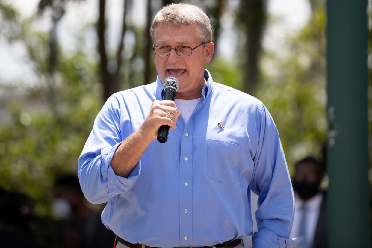 Supervisor of Elections Mark Earley speaks at the Leon County Courthouse during the Souls to the Polls event Sunday, August 16, 2020.