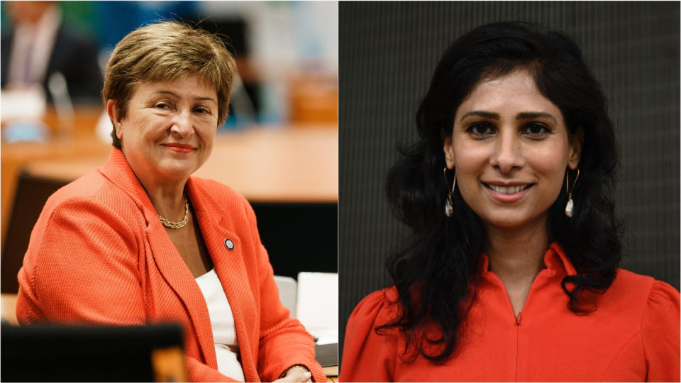 A side-by-side composite image of Kristalina Georgieva and Gita Gopinath. 