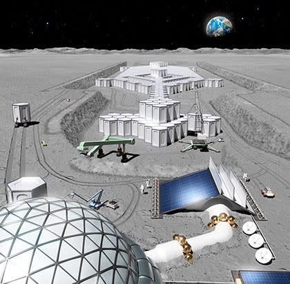 建設公司清水建設，目前正在研究將月球的沙（表岩屑）做成像是混擬土的研究，未來在月球的人們會生活在月球地面下。翻攝清水建設官網