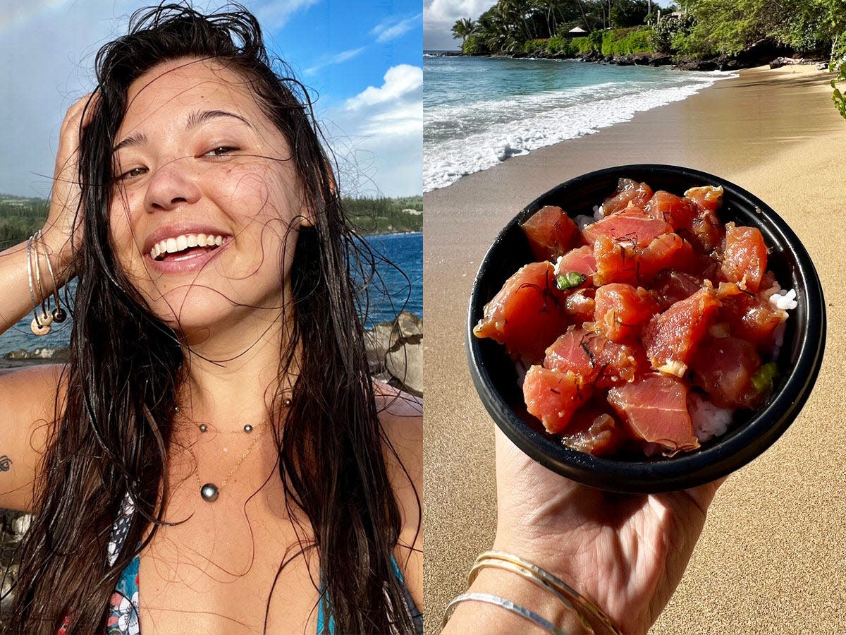 Ashley Probst beach selfie (left), poke bowl on the beach (right)