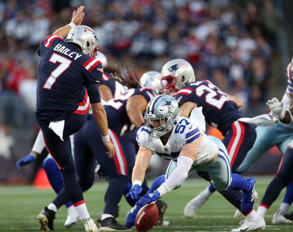 New England Patriots host the Dallas Cowboys at Gillette Stadium.#57 Luke Gifford of the Cowboys blocks a punt by #7 Jake Bailey in the 2nd quarter.[The Providence Journal/Bob Breidenbach]