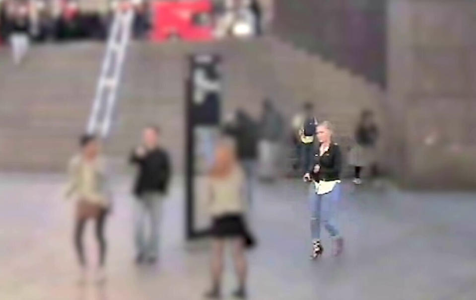 Screengrab taken from CCTV dated June 3 2017 issued by the Metropolitan Police of Australian au pair Sara Zelenak, 21, walking in front of One London Bridge on the night of the London Bridge terror attack. An inquest at the Old Bailey has been told that Ms Zelenak fell over in her high heels and was being helped up by a Good Samaritan when they were both fatally stabbed. (PA)